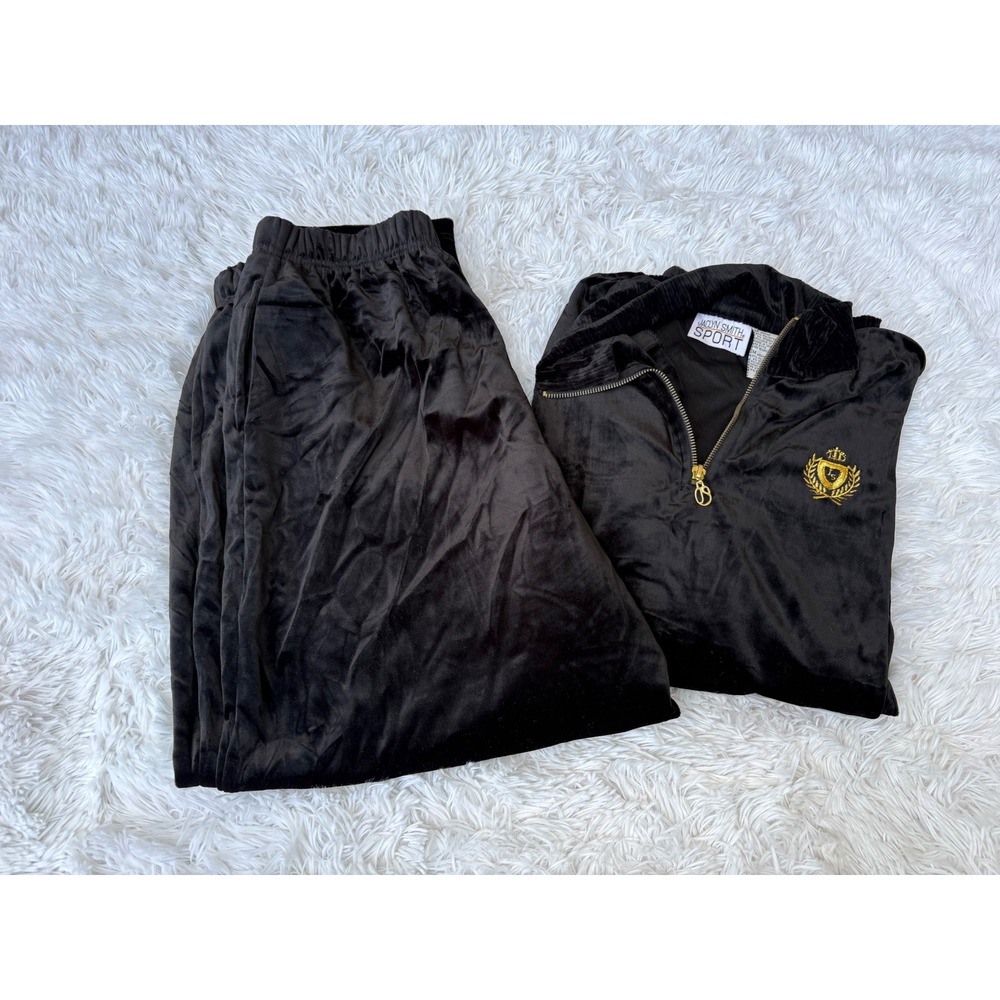 Jaclyn Smith Black Velour Tracksuit Set Quarter Zip Crest Medium Vintage